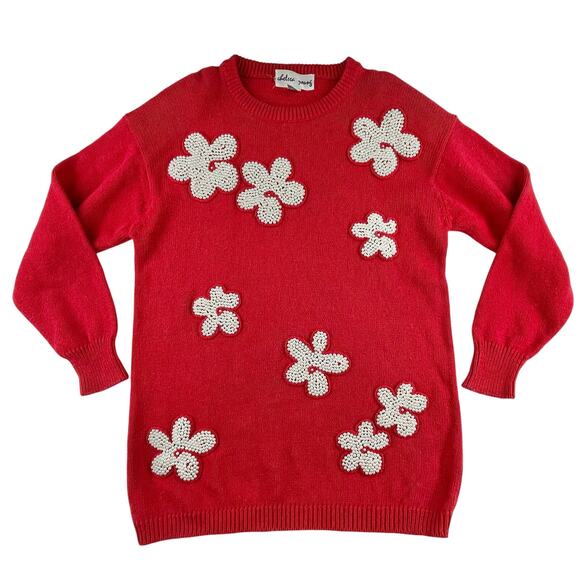 HANALEI | Vintage 90s M Red Pearl Floral Christmas Holiday Sweater Mini Dress - Picture 1 of 8